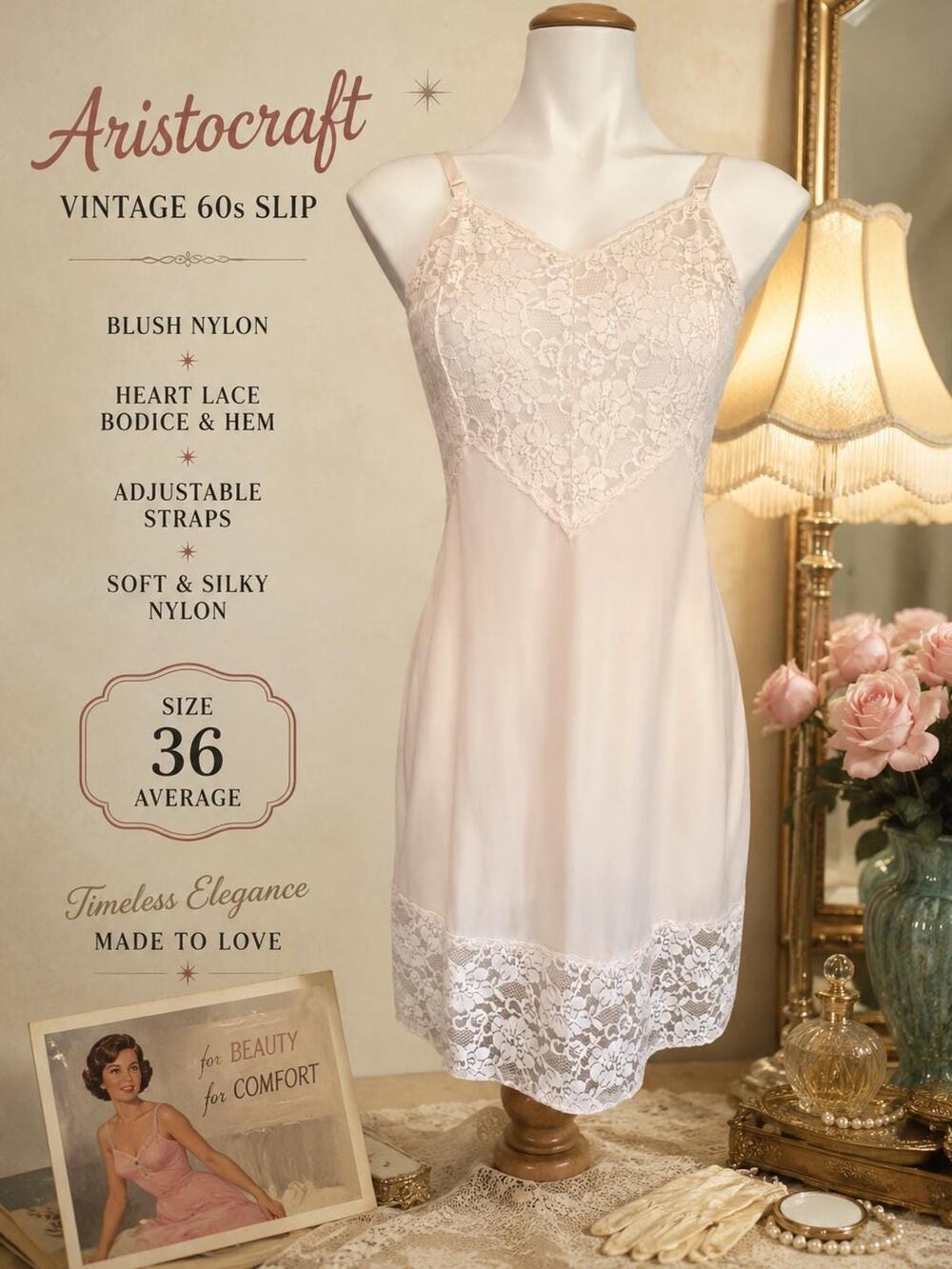 Aristocraft Blush Nylon Slip Heart Lace Bodice Hem Vintage 60s Size 36 Average
